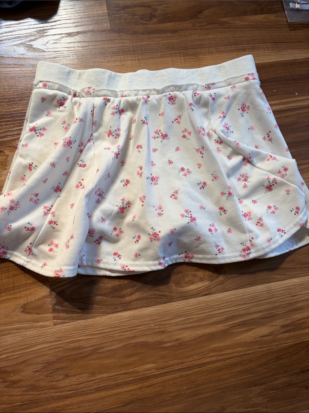 White Floral Mini Skirt with Pink Rose Print